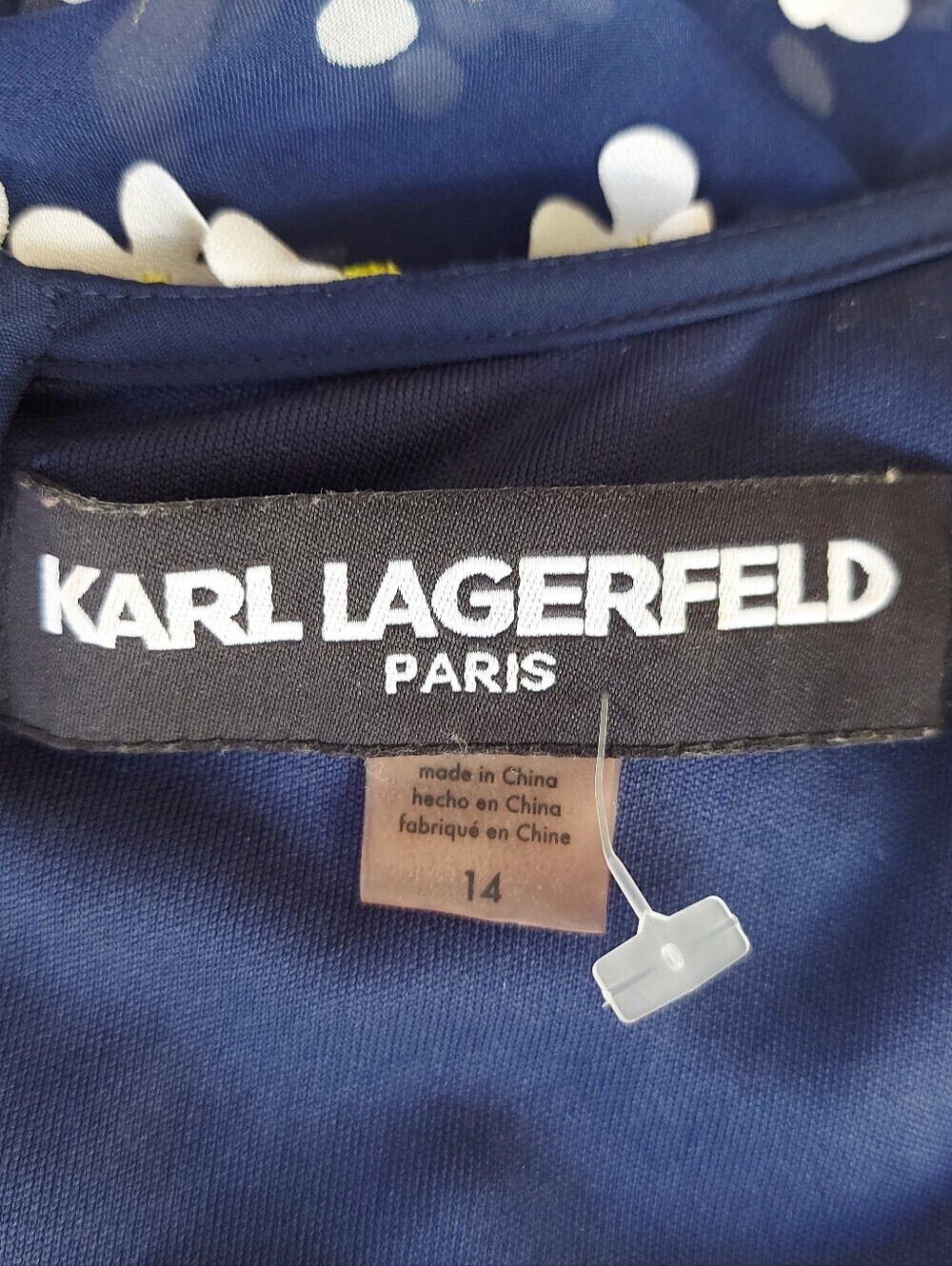 KARL LAGERFELD size 10 Navy Top with White Daisy Details and Yellow Centers - Picture 3 of 8